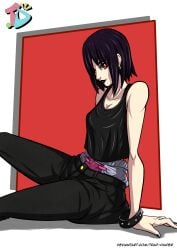 1girls black_hair black_lipstick black_pants black_tank_top bracelet breasts diaper diaper_under_clothing earrings goth goth_girl lipstick looking_at_viewer medium_breasts original painted_fingernails pants red_eyes short_hair tank_top trap-diaper