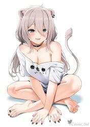 1female 1girls animal_ears arms_crossed artist_name baggy_clothing bare_shoulders barefoot black_nail_polish black_nails black_toenails blush blush_lines blushing blushing_at_viewer casino_(casinoep) choker cleavage clothed clothing crossed_legs digital_drawing_(artwork) ear_piercing feet female female_focus female_only foot_fetish front_view greek_toe happy hololive hololive_gen_5 hololive_japan lion_ears long_hair looking_at_viewer loose_clothes mouth_open necklace no_background no_bra oversized_shirt pixiv shirt shishiro_botan silver_eyes silver_hair sitting tail toenail_polish toes twitter_username virtual_youtuber