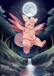 ai_generated anthro anthro_female barefoot belly breasts clefable completely_nude completely_nude_female creek featureless_breasts flying forest full_moon javvy levitating moon navel night nintendo nude nude_female pink_body pink_skin plump pokémon_(species) pokemon pussy shortstack star tail tree water waterfall wings