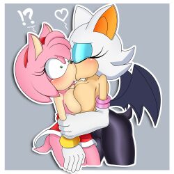 2girls amy_rose anthro bat bat_ears big_breasts breast_press breasts breasts_pressed_together closed_eyes female female/female female_only hedgehog interspecies kissing kissing large_breasts lluanhyperzero rouge_the_bat sonic_(series) surprise surprised surprised_expression tail wings yuri