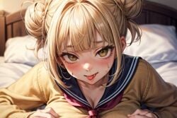 :p ai_generated bangs bed bed_sheet blonde_hair blue_sailor_collar blunt_bangs blurry blurry_background blush boku_no_hero_academia breasts cardigan cleavage collarbone double_bun eyelashes female hair_bun himiko_toga implied_paizuri indoors large_breasts long_sleeves looking_at_viewer lying medium_breasts messy_hair my_hero_academia neckerchief on_bed on_stomach pillow red_neckerchief sailor_collar school_uniform serafuku short_hair sidelocks smile solo stable_diffusion sweat sweatdrop toga_himiko tongue tongue_out upper_body yellow_cardigan yellow_eyes