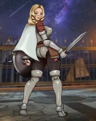 abelia_schillfelt armor armored_boots armored_bra armored_gloves armored_panties ass back bandai_namco blonde_hair blue_eyes blush chestplate chronicles_of_the_sword curled_hair curly_hair curvy curvy_body curvy_female curvy_figure curvy_hips curvy_thighs dat_ass deviantart facing_away female female_focus female_human female_only female_solo fighting_game fighting_pose fighting_ring fighting_stance gauntlet gauntlets grin hentai-foundry holding holding_object holding_shield holding_sword human human_only human_solo kyunamaori legs looking_at_viewer looking_back namco namco_bandai project_soul round_ass shield shield_and_sword sideboob smile solo solo_female solo_focus soul_calibur soul_calibur_iii spiked_shield sword thighs video_game video_game_character video_game_franchise video_games warrior weapon