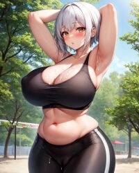 ai_generated arms_up belly big_ass black_bra black_pants blush breasts brown_eyes cum cum_on_arm futa_milk gigantic_ass gigantic_breasts gym_uniform huge_ass huge_breasts navel open_mouth original original_character pussy short_hair sports_bra white_hair wide_hips yoga_pants