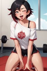 ai_generated collarbone cute goofy_smile gradient_hair grey_eyes gym gym_shorts gym_uniform icon kneeling large_breasts logo_on_clothes logo_on_shirt off_shoulder one_eye_closed oral_invitation ruby_rose rwby shorts silver_eyes sports_bra striped_legwear sweat sweaty thigh_gap thighs tongue tongue_out workout_clothes