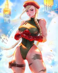 1girls belly_button beret blonde_hair blue_eyes braided_twintails breasts cammy_white capcom fanart female female_only fit_female fully_clothed gauntlets hips legs leotard long_hair looking_back mcdobo pink_lipstick scar solo street_fighter street_fighter_ii thick_thighs thighs thong_leotard twintails voluptuous voluptuous_female