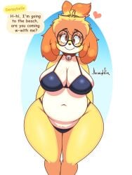 1girls absurd_res animal_crossing anthro big_breasts bikini black_nose blush breasts brown_eyes canine chubby chubby_female cleavage collar derp_eyes derpybelle dialogue dog domestic_dog english_text eyebrows eyewear fat female female_only front_view fur furry furry_only glasses hi_res isabelle_(animal_crossing) jhenightfox large_breasts looking_at_viewer mammal navel nintendo shih_tzu signature simple_background smile solo standing swimsuit text thick_thighs white_body white_fur wide_hips yellow_body yellow_fur