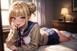 ai_generated ass bags_under_eyes bangs barefoot bed bed_sheet bedroom blonde_hair blue_sailor_collar blue_skirt blunt_bangs blurry blurry_background blush boku_no_hero_academia breasts brown_eyes cardigan curtains double_bun female hair_bun himiko_toga indoors lamp long_sleeves looking_at_viewer lying messy_hair miniskirt my_hero_academia neckerchief on_bed on_stomach pleated_skirt red_neckerchief sailor_collar saliva school_uniform serafuku shirt short_hair sidelocks skirt sleeves_past_wrists smile solo stable_diffusion sweat toga_himiko tongue tongue_out white_shirt window yellow_cardigan yellow_eyes