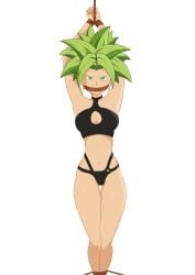 1girls angry_sub arms_above_head arms_up bdsm bondage dragon_ball dragon_ball_super female femsub fusion fusion_character gagged green_eyes green_hair kafla kefla koji_draw leather potara_earrings potara_fusion sex_slave slave super_saiyan tape_gag taped_mouth tied_feet