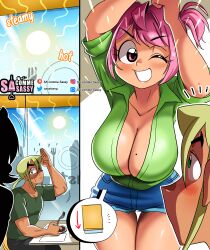 aroused blushing_at_partner boob_window bursting_breasts business_casual cafe denim_shorts huge_boobs large_breasts mole_on_breast original_character pink_hair ruby_(sasatseng) sasatseng thigh_gap winking_at_partner winking_at_viewer