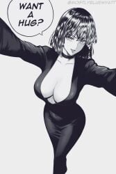 1girls artist_name black_dress breasts cleavage dress english_text female fubuki_(one-punch_man) highres incoming_hug large_breasts looking_at_viewer monochrome mostlybluewyatt no_color one-punch_man open_mouth simple_background smile solo speech_bubble twitter_username wholesome