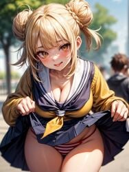 1boy :p ai_generated bangs blonde_hair blunt_bangs blurry blurry_background blush boku_no_hero_academia braid breasts cardigan cleavage clothes_lift collarbone cowboy_shot day double_bun female hair_bun himiko_toga large_breasts leaning_forward lifted_by_self long_sleeves looking_at_viewer my_hero_academia neckerchief orange_eyes outdoors panties pleated_skirt red_panties sailor_collar school_uniform serafuku shirt short_hair sidelocks skirt skirt_lift smile solo_focus stable_diffusion striped striped_bikini striped_panties sweat thigh_gap thighs toga_himiko tongue tongue_out tree underwear yellow_cardigan yellow_eyes yellow_sweater