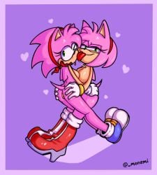 2girls amy_rose big_breasts bracelet breasts classic_amy_rose exposed_torso footwear gloves grabbing_ass handwear high_heel_boots hug licking_face monemi mostly_nude mostly_nude_female multiple_girls pussy saliva selfcest shoes sonic_(series)