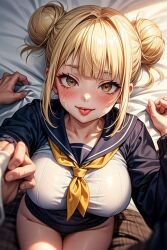 1boy :p ai_generated bangs bed_sheet blonde_hair blue_sailor_collar blunt_bangs blush boku_no_hero_academia bottomless breasts cardigan collarbone double_bun female from_above groin hair_bun himiko_toga holding_hands large_breasts long_sleeves looking_at_viewer lying messy_hair my_hero_academia neckerchief on_back plaid pleated_skirt pov sailor_collar school_uniform serafuku sheet_grab shirt short_hair sidelocks skirt skirt_removed smile solo_focus stable_diffusion sweat sweatdrop thighs toga_himiko tongue tongue_out white_shirt yellow_eyes yellow_neckerchief