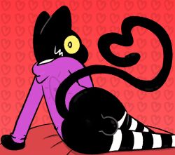anthro ass balls black_body black_pupils bottomless clothed clothing demon domestic_cat felid feline felis genitals heart_tail imp lying male mammal on_side pattern_background pupils purple_clothing purple_sweater purple_topwear silly_imp silly_imp_(character) simple_background solo stripes sweater tail topwear yellow_sclera