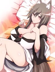 animal_ear_fluff animal_ears bare_shoulders blush_stickers breasts brooch brown_hair dress female huge_breasts imaizumi_kagerou jewelry kagerou_imaizumi long_hair lying off_shoulder on_bed otoufu_(wddkq314band) pillow red_eyes solo tail thighs touhou white_dress wolf_ears wolf_tail