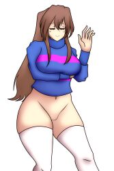 2d 2d_(artwork) 2d_artwork arm_under_breasts belly_button color cute eyes_closed female female_frisk frisk long_hair pussy pussy_exposed standing tagme undertale undertale_(series) voluptuous_female waving yazuel_aliel