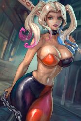 1girls batman_(series) blimaxxx blonde_hair collar curvaceous curvy_female curvy_figure cutesexyrobutts_(style) dc dc_comics female_focus female_only harley_quinn hi_res long_hair seductive_look studded_collar twintails