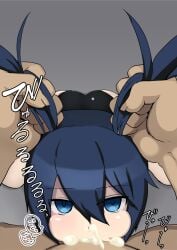 1boy 1girls all_the_way_to_the_base ass bangs big_penis black_boots black_hair black_rock_shooter black_rock_shooter_(character) blue_eyes boots breasts cheek_bulge cum cum_down_throat cum_in_mouth cum_in_throat cum_out_nose dark_blue_hair dark_hair deepthroat emotionless eye_contact fellatio female fringe glowing_eyes goth goth_girl grabbing_hair gradient_background gulp hair_grab hands-free irrumatio irrumatio_handles japanese_text kneeling large_penis long_twintails male motion_lines mouthful ninopal no_gag_reflex oral penis petite pov pulling_hair pulling_twintails saliva saliva_trail seductive_eyes seductive_look skinny slim sloppy straight submissive_female swallowing_cum swallowing_penis_while_deepthroat tagme teenager throat_fuck throat_pounding translation_request twintails young