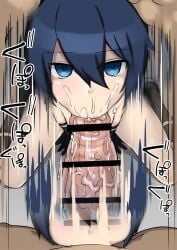 1boy 1girls all_the_way_to_the_base bangs big_penis black_boots black_hair black_rock_shooter black_rock_shooter_(character) blue_eyes boots breasts censored cheek_bulge cum cum_in_mouth dark_blue_hair dark_hair deepthroat deepthroat_mark emotionless eye_contact fellatio female fringe glowing_eyes goth goth_girl grabbing_hair gradient_background hair_grab handlebars hands-free irrumatio irrumatio_handles japanese_text kneeling large_penis long_twintails male motion_blur motion_lines mouthful ninopal no_gag_reflex oral penis petite pov pulling_hair pulling_twintails saliva saliva_trail seductive_eyes seductive_look skinny slim sloppy straight submissive_female tagme teenager throat_fuck throat_pounding translation_request twintails young