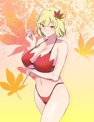 aki_shizuha bikini blonde_hair commentary_request female hair_ornament highleg highleg_bikini highleg_swimsuit highres leaf leaf_background leaf_hair_ornament leaf_on_head looking_at_viewer maple_leaf otoufu_(wddkq314band) red_bikini red_eyes shizuha_aki short_hair smile solo standing swimsuit touhou