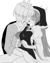 2girls animal_horns blush boring_mask clothed dress fingering hair_over_eyes haniyasushin_keiki hat heavy_breathing horns keiki_haniyasushin kicchou_yachie long_hair monochrome open_mouth saliva shell short_hair sweat thighs tongue touhou trembling turtle_shell yuri