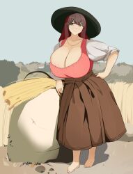 big_breasts breasts brown_hair busty cuteakita dress enormous_breasts farmgirl female female_only field huge_breasts large_breasts light-skinned_female light_skin mature_female posing sun_hat voluptuous voluptuous_female