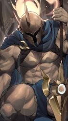 1boy 2023 abs agnimon11803164 balls bara biceps bulge bulge_through_clothing cape clothing gay helmet helmet_covering_face hi_res highres league_of_legends male male_focus male_only muscles muscular muscular_arms muscular_legs muscular_male muscular_thighs pantheon pecs penis penis_outline riot_games scar solo solo_male spread_legs