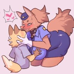 1boy 1girls anthro bending_over big_breasts blush breasts female fur furry heart keisatsu_dog_(sususuigi) kiss kissing pink_eyes police size_difference suigi sususuigi sweat tail