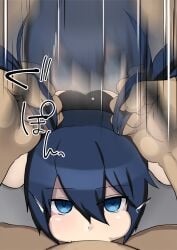 1boy 1girls all_the_way_to_the_base ass bangs big_penis black_boots black_hair black_rock_shooter black_rock_shooter_(character) blue_eyes boots breasts cheek_bulge dark_blue_hair dark_hair deepthroat emotionless eye_contact fellatio female fringe glowing_eyes goth goth_girl grabbing_hair gradient_background hair_grab handlebars hands-free irrumatio irrumatio_handles japanese_text kneeling large_penis long_twintails male motion_blur motion_lines mouthful ninopal no_gag_reflex oral penis petite pov pulling_hair pulling_twintails seductive_eyes seductive_look skinny slim straight submissive_female tagme teenager throat_fuck throat_pounding translation_request twintails young