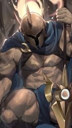 1boy 2023 abs agnimon11803164 balls bara biceps bulge bulge_through_clothing cape clothing gay helmet hi_res highres league_of_legends male male_focus male_only muscles muscular muscular_arms muscular_legs muscular_male muscular_thighs pantheon pecs penis penis_outline riot_games scar solo solo_male spread_legs sweat