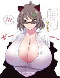 ahoge animal_ears black_jacket blush breasts brown_eyes brown_hair buttons cleavage collared_shirt futatsuiwa_mamizou highres huge_breasts jacket looking_over_eyewear looking_over_glasses looking_over_sunglasses mamizou_futatsuiwa mib_mamizou off_shoulder otoufu_(wddkq314band) raccoon_ears shirt sunglasses sweatdrop tinted_eyewear touhou urban_legend_in_limbo white_shirt