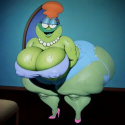 1girls ai_generated anthro bbw beverly_bighead big_belly big_breasts big_nipples blue_lips blue_tongue breasts cellulite fat frog glasses high_heels large_breasts looking_at_viewer matronai_(artist) mature mature_female mature_woman milf mostly_nude nickelodeon nipples obese orange_hair overweight overweight_female pearl_necklace pinup rocko's_modern_life self_upload ssbbw stable_diffusion thick_thighs wide_hips wrinkles