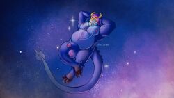 2023 anthro aurelion_sol balls belly blue_body celestial_(league_of_legends) claws digital_media_(artwork) dragon erection floating genitals hi_res humanoid humanoid_genitalia league_of_legends looking_at_viewer male musclegut muscular nipples nude penis riot_games scalie slightly_chubby solo solo_male space star tail ultra_vermin