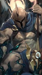 1boy 2023 abs agnimon11803164 balls bara biceps bulge bulge_through_clothing cape clothing gay helmet hi_res highres league_of_legends male male_focus male_only muscles muscular muscular_arms muscular_legs muscular_male muscular_thighs pantheon pecs penis penis_outline riot_games scar solo solo_male spread_legs sweat