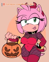 ahoge amy_rose anthro anthro_only artist_name big_breasts bracelet brachyzoid breasts cleavage collar costume demon fingerless_gloves fishnet fishnet_bodysuit fishnets flat_colors furry furry_only green_eyes half-closed_eyes halloween hedgehog leotard mobian_(species) patreon patreon_username pink_fur pink_hair simple_background solo sonic_(series) sonic_the_hedgehog_(series) standing thick_thighs thighhighs thighs tongue tongue_out