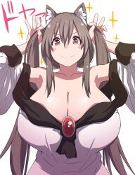 animal_ear_fluff animal_ears arms_up bare_shoulders blush_stickers breasts brooch brown_hair bunching_hair closed_mouth collarbone commentary_request dress female hair_between_eyes huge_breasts imaizumi_kagerou jewelry kagerou_imaizumi long_hair looking_at_viewer off_shoulder otoufu_(wddkq314band) red_eyes simple_background smile solo touhou upper_body v-shaped_eyebrows very_long_hair white_background white_dress wolf_ears