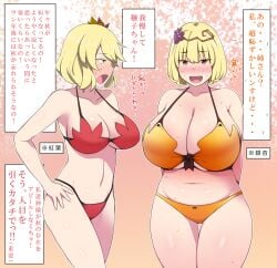 aki_minoriko aki_shizuha bikini commentary_request minoriko_aki orange_bikini otoufu_(wddkq314band) red_bikini shizuha_aki swimsuit tagme touhou translation_request