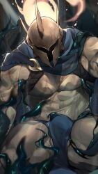 1boy 2023 abs agnimon11803164 balls bara biceps bulge bulge_through_clothing cape clothing gay helmet hi_res highres league_of_legends male male_focus male_only muscles muscular muscular_arms muscular_legs muscular_male muscular_thighs pantheon pecs penis penis_outline riot_games scar solo solo_male spread_legs sweat