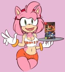 amy_rose brachyzoid breasts cleavage exposed_torso hooters hooters_uniform navel solo sonic_(series) sonic_forces text_on_clothing