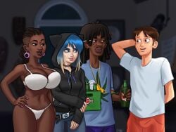 2boys 2d 2girls african african_female alcohol areola_peek areolae big_breasts blue_eyes blue_hair bottomwear bra breasts brown_eyes brown_hair bulge bulge_through_clothing choker closed_mouth clothed clothing curvy curvy_body curvy_female curvy_figure dark-skinned_female dark-skinned_male dark_skin darkcookie digital_media_(artwork) digital_painting_(artwork) dreadlocks ear_piercing earrings eve_(summertime_saga) fake_animal_ears female full_lips hand_on_head hand_on_hip hips holding holding_object hood hood_up hoodie huge_breasts indoors interracial jacket large_breasts light-skinned_female light-skinned_male light_skin lips long_hair looking_at_another looking_at_partner main_character_(summertime_saga) male male/female ms._dewitt_(summertime_saga) multicolored_hair nail_polish narrowed_eyes navel night office open_mouth panties pants perky_breasts piercing piercings pink_nails room shaved_side shirt small_breasts smile standing student summertime_saga teacher teacher_and_student thick_thighs thighs topwear two_tone_hair tyrone_(summertime_saga) undercut underwear white_bra white_panties white_underwear wide_hips