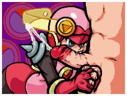 1boy 1girls ass ball_crushing ballbusting biting blush bodysuit cbt corruption cum cumshot evil_empress_roll helmet leotard mega_man mega_man_battle_network paywall_censor penis_biting pixel_art roll.exe thegaboefects uncensored_version_at_paywall