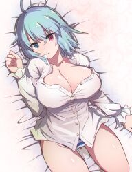 :o bed_sheet blue_eyes blue_hair breasts cleavage commentary_request heterochromia kogasa_tatara large_breasts long_sleeves looking_at_viewer lying no_bra no_pants on_back on_bed otoufu_(wddkq314band) panties red_eyes shirt short_hair solo striped striped_panties tatara_kogasa touhou unbuttoned unbuttoned_shirt underwear white_shirt