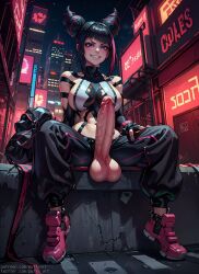 1futa ai_generated baggy_clothing balls big_breasts big_penis black_hair breasts capcom dickgirl futa_only futanari huge_balls huge_cock hyper_penis juri_han midriff open_legs outside pants penis puffyart purple_eyes smirk sneakers solo solo_futa street street_fighter street_fighter_6 teeth veiny_penis