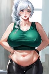 ai_generated alexandhotdogai blue_eyes bracelet braid chubby chubby_female freckles green_clothing hands_on_hips huge_breasts lipstick long_hair long_white_hair looking_at_viewer milf milfification rwby sports_bra stable_diffusion thick_thighs tight_pants weiss_schnee white_hair wide_hips