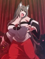 animal_ear_fluff animal_ears bare_shoulders blurry bokeh breasts brooch brown_eyes brown_hair cleavage collarbone commentary_request cowboy_shot depth_of_field fangs female fingernails huge_breasts imaizumi_kagerou jewelry kagerou_imaizumi long_hair looking_to_the_side nail_polish night off_shoulder open_mouth otoufu_(wddkq314band) outdoors red_nails red_skirt sharp_fingernails shirt skirt solo standing tail touhou tree v-shaped_eyebrows very_long_hair white_shirt wolf_ears wolf_tail