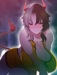 animal_ears arm_support bare_shoulders bloom blurry blurry_background blush breasts cleavage collarbone commentary_request cow_ears cow_horns cow_tail deep_skin female grin hair_between_eyes half-closed_eyes highres horns huge_breasts indoors long_hair looking_at_viewer multicolored_hair nose_blush otoufu_(wddkq314band) red_eyes shirt shorts smile solo split-color_hair steam sweat tail thighs touhou two-tone_hair urumi_ushizaki ushizaki_urumi yellow_shirt yellow_shorts