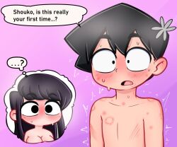 ...? 1boy 1female 1girls 1male after_sex argy_olivas artgenis big_breasts bite_mark bite_marks black_hair blush bodily_fluids breasts canon_couple cleavage cute dominant_female english_text eyebrows_visible_through_hair femdom hickey hickey_marks hickeys highres komi-san_wa_komyushou_desu komi_shouko light-skinned_female light-skinned_male light_skin malesub nude nude_female nude_male pink_background simple_background speech_bubble straight sweat tadano_hitohito teenager text text_bubble translated wholesome