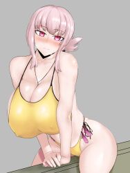 absurdres bikini blush braid braided_ponytail breasts cleavage condom condom_accessories covered_erect_nipples fate/grand_order fate_(series) female florence_nightingale_(chaldea_lifesavers)_(fate) florence_nightingale_(fate) folded_ponytail heavy_breathing highleg highleg_bikini highres huge_breasts legion_(lovers6) long_hair looking_at_viewer pink_hair red_eyes side-tie_bikini_bottom sitting smile solo swimsuit thong_bikini used_condom wide_hips yellow_bikini