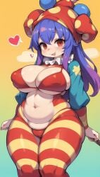 ai_generated awokose big_breasts circus clown clown_girl colorful_body cute cute_face huge_breasts short shortstack thick_thighs