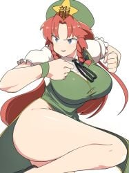 action_pose chiba_mochi hong_meiling huge_ass huge_breasts huge_thighs no_panties simple_background thick_thighs touhou